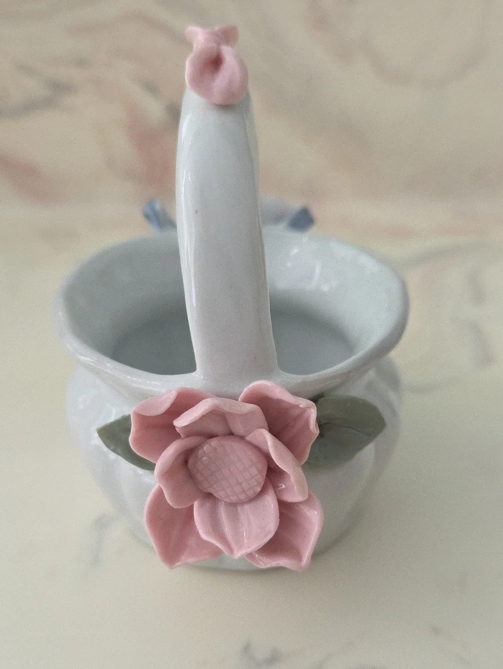 Delicate White Ceramic Flower Basket with Pink Accents